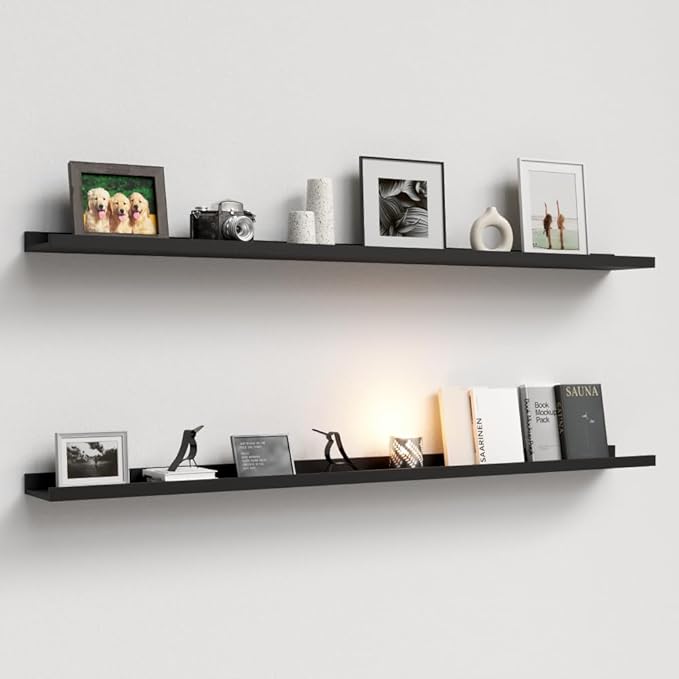 Boswillon 55.1 Inches Long Floating Shelves, 2 Set Modern Wall Shelf for Bedroom, Nursery Book Shelf with Lip, Picture Ledge Shelf for Wall Decor Living Room Bathroom Kitchen - Black