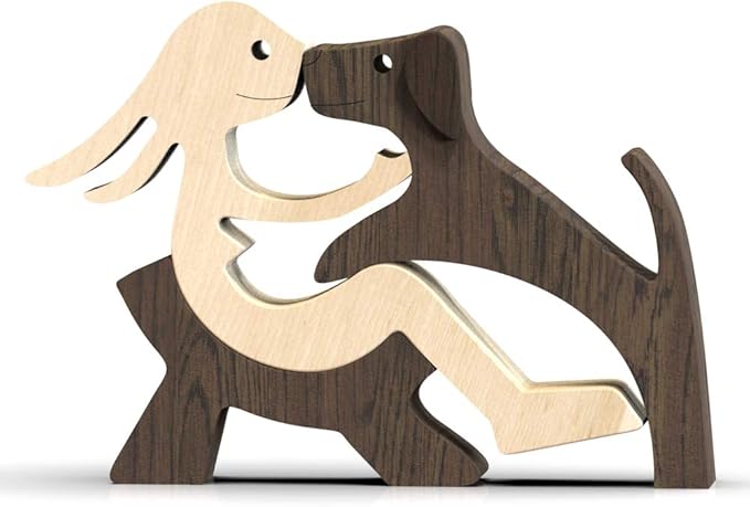 ISHINE Handmade Wooden Statue, Sitting Woman and Dog, Wood Decor Accents Craft Figurine for Bedroom Home Office Shelf Decor Gift Natural ECO Friendly