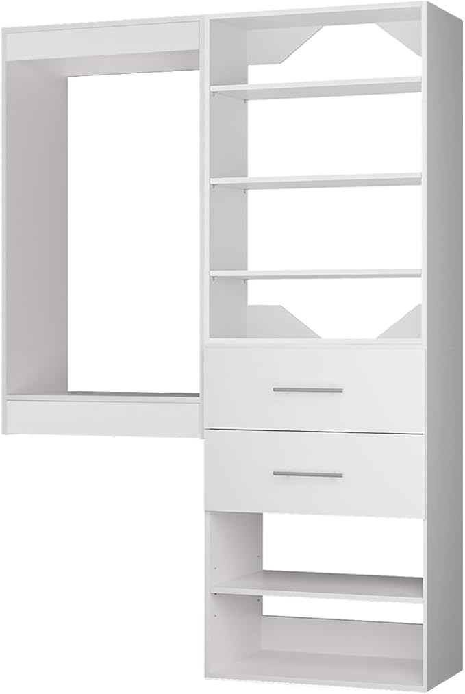 ROOMTEC Modular Closet System, 49" Wall Mounted Closet Organizer with Hanging Rods and Drawers, Wooden Tower for Walk-In Closets, Wardrobe Storage Kit, White
