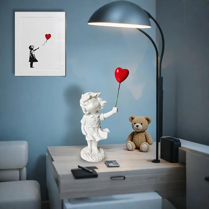 Banksy Street Graffiti Art Statue,Love Balloon Girl Room Decor,Resin Ornaments,Living Room Dining Desk Decorations,Bookshelf Decorative Objects(White)