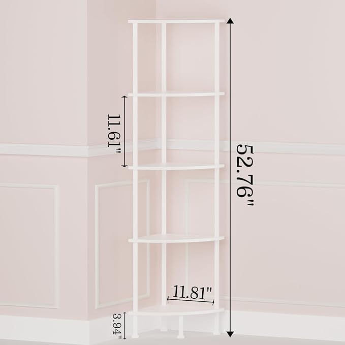 5-Tier Corner Shelf Stand, 52" Industrial Corner Display Rack for Living Room, Bookshelf, Tall Display Shelf, Plant Stand, Storage Standing Shelf for Bedroom, Bathroom, Kitchen, White