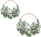 TEMPUS 2Pcs 16" Artificial Eucalyptus Wreaths - Handmade Wooden Bead & Lamb's Ear Spring Wreaths for Front Door, Farmhouse Wall Decor, Holiday Party