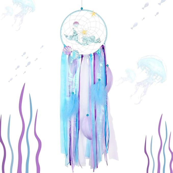 OurWarm Mermaid Dream Catcher for Girls Room Wall Decor, Big Handmade Blue Dreamcatcher with Colorful Feathers for Kids Bedroom Hanging Decor, Under The Sea Mermaid Birthday Baby Shower Party Supplies