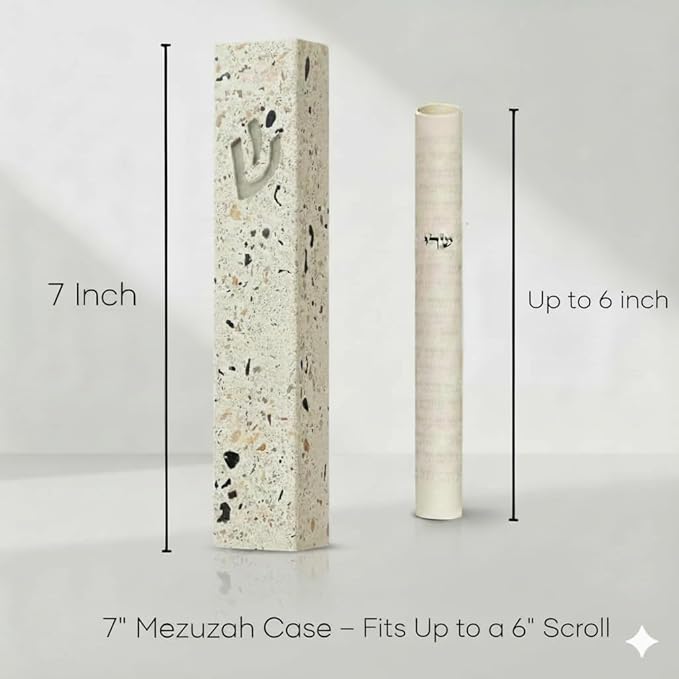 SURI Mezuzah for Door – 7 Inch Terrazzo Pink Concrete Mezuzah Case with Printed Scroll, Self-Stick Jewish Entry Design, Fits a 6 Inch Scroll, Gift Box Included