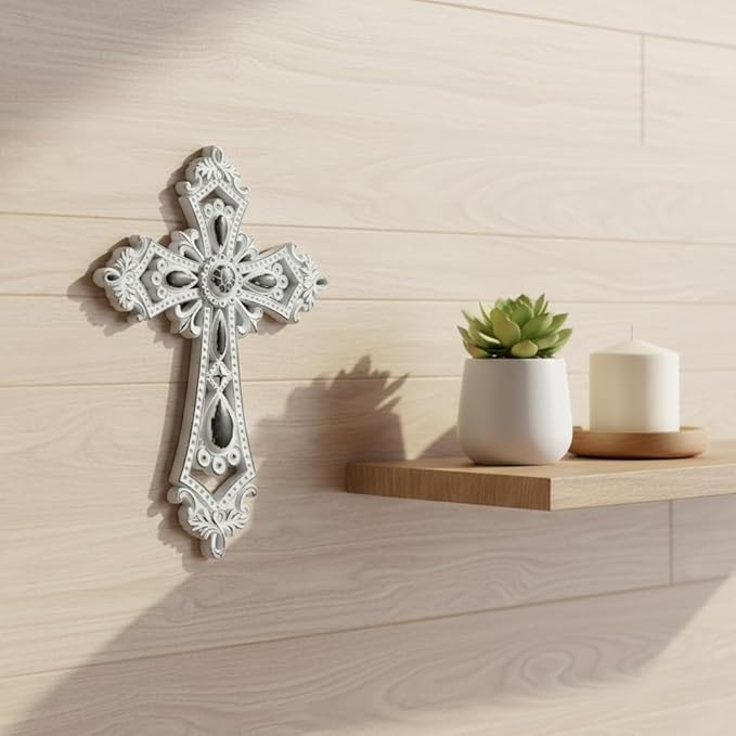 Comfy Hour 13.8" Decorative Hollow Out Wall Cross, Rustic White Victorian Style Religious Plaque, Artisan Finished Spiritual Wall Art for Home Sanctuary & Office, Polyresin Sculpture, 1 Piece