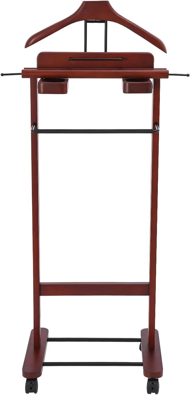 66.14 Lbs Capacity Wood Valet Stand, Clothes Valet Rack with 4 Universal Wheels, Freestanding Clothing Stand with Drawers Tie Rods and Shoe Rack, Reddish Orange