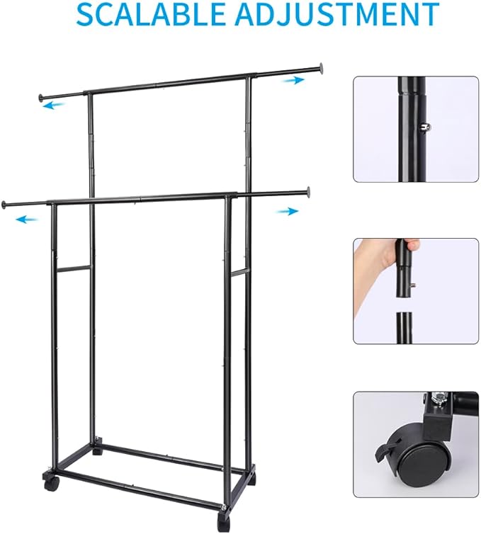 Fishat Black Simple Standard 2 Double Rod Clothing Metal Garment Rack for Hanging Clothes, Rolling Clothes Organizer with Mobile Lockable Wheels