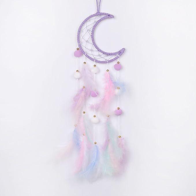Pretty Jolly Purple Moon Kids Dream Catcher Wall Decor Pompom Feather Baby Dreamcatcher Handmade Children Dream Catcher Home Décor Wall Hanging for Nursery Bedroom Boys Girls Birthday Gift-25.6in