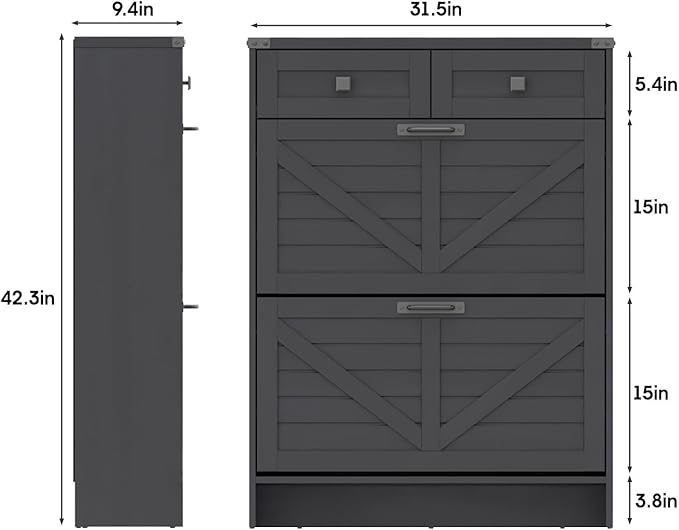 Shoe Cabinet with 2 Flip Drawers & 2 Drawers,Farmhouse Shoe Storage Cabinet for Entryway,Slim Freestanding Narrow Organizer Rack for Front Door Entrance,Black