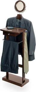 Solid Wood Clothes Valet Stand in Dark Espresso with Round Mirror, Drawer, Tray, Pants and Tie Hangers, and Shoe Base, Elegant Clothing Valet for Bedroom