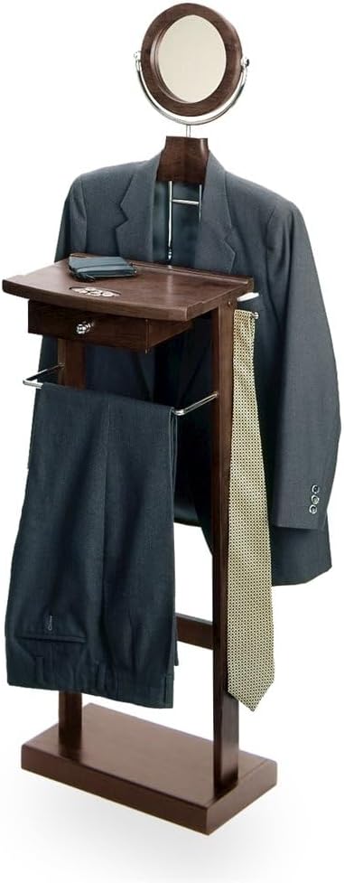 Solid Wood Clothes Valet Stand in Dark Espresso with Round Mirror, Drawer, Tray, Pants and Tie Hangers, and Shoe Base, Elegant Clothing Valet for Bedroom