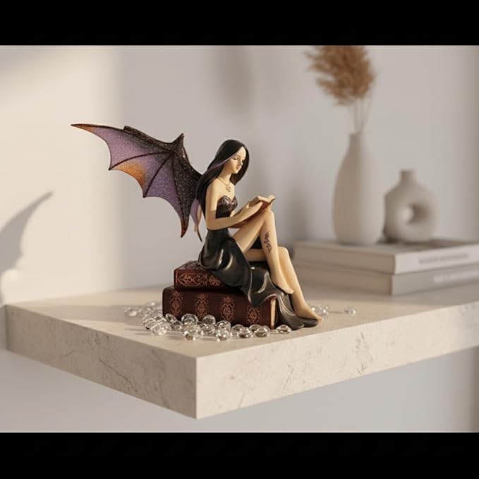 Comfy Hour 9" Reading Fairy Figurine, Gothic Dark Witch Statue Sitting on Vintage Books, Fantasy Mythical Spirit Collectible for Shelves, Polyresin Artisan Sculpture, 1 Piece
