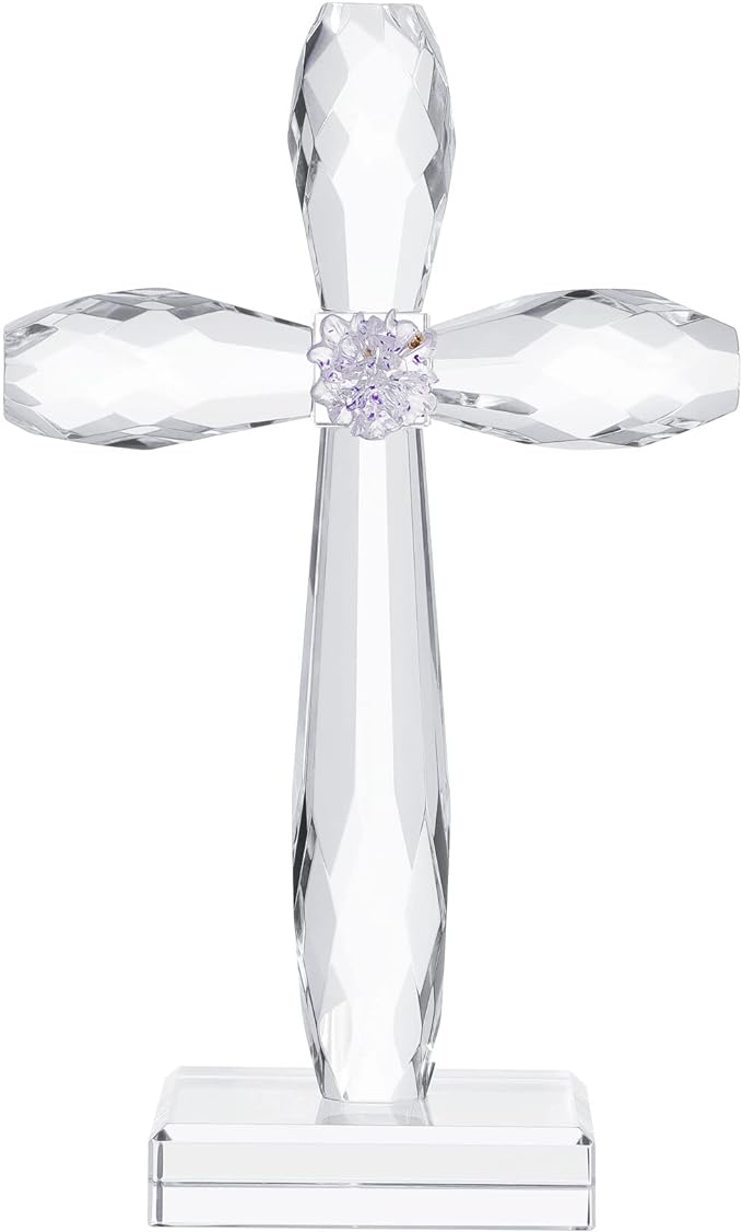 YWHL Crystal Standing Cross Decor, Religious Easter Gifts for Women Men, Handmade Glass Holy Cross Collectible Figurines for Home Decoration, Christmas Decoration for Pary