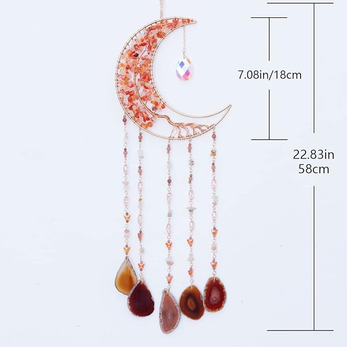 Agate Moon Dream Catchers with Crystal 7 Chakra Gemstone Dream Catchers Color Natural Gem Agate Wall Hangings Room Garden Dreamcatchers Decor (Orange)