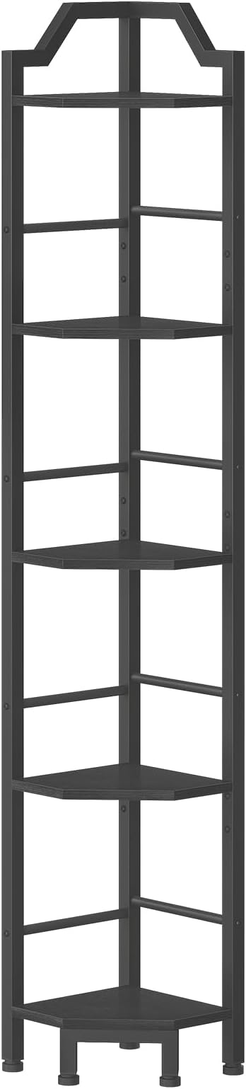 HOOBRO Narrow Corner Shelf Stand, 5-Tier Corner Shelf, 63” Tall Multipurpose Corner Bookshelf, Standing Display Shelf Plant Stand, for Living Room, Study, Kitchen, Black BB100CJ01