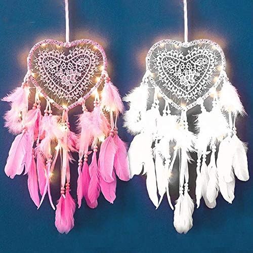 Skreened Christmas Lights，Fashion Handmade LED Light Dream Catcher with Feather Love Heart Dream Catcher Night Light Home Bedside Wall Hanging Home Party Wedding Decoration Gift (Pink)