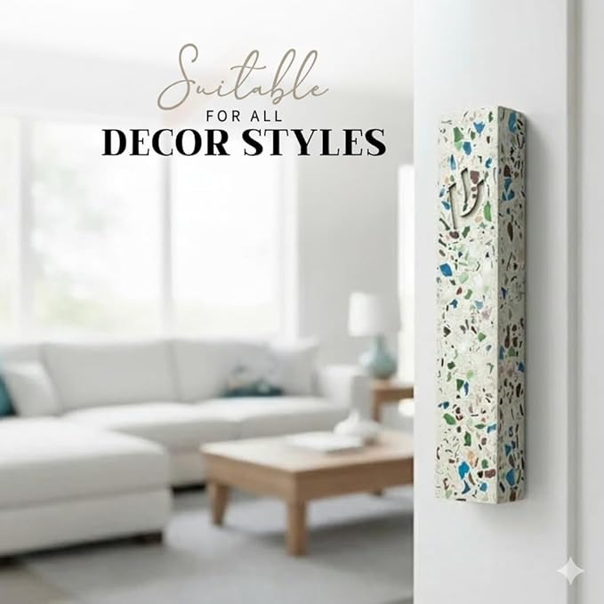 SURI Mezuzah for Door – 6 Inch Terrazzo Turquoise Concrete Mezuzah Case with Printed Scroll, Self-Stick Jewish Entry Design, Fits a 5 Inch Scroll, Gift Box Included