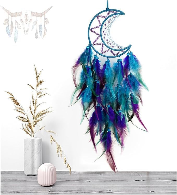 Moon Dream Catcher Handmade for Bedroom Purple and Blue Feather Dream Catchers for Home Decoration Ornaments for Bedroom Wall Hanging (Blue Feather - 1pc)