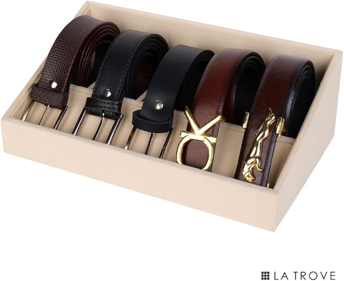 5 Slot Belt Organizer Tray, Velvet Drawer Insert for Men’s Belts, Belt Storage Organizer for Closet & Drawer, Cream