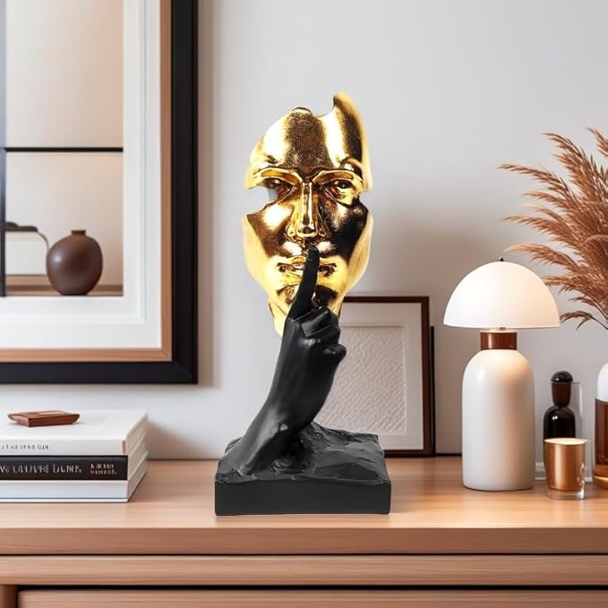 Thinker Statue-Silence is Gold-Abstract Art Figurine Decor - 12" H No Hear No See No Speak Modern Home Resin Sculptures Decorative Objects Decor for Home Office Bookshelf Desktop