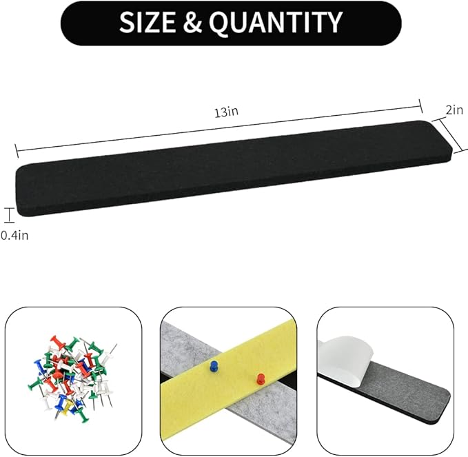 Vuzvuv 8 pcs Bulletin Board Bar Strips with 50 Pushpins & 10 Wooden Clip pins，Self Adhesive Cork Board for Wall，Felt Pin Board for School，Office Decor(Colour)