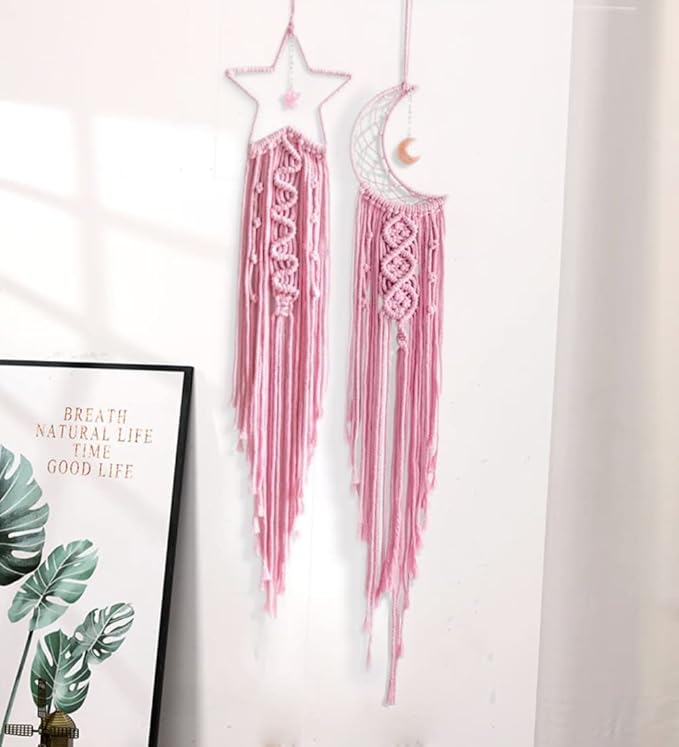 Dream Catchers Star Moon Dream Catcher Pink Room Decor, Macrame Dream Catcher Girls Teenager Bedroom Wall Decor,Boho Dreamcatcher Girls Room Decoration Teen Girl Gifts for Women Birthday Gifts Mother