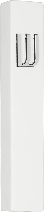 A&S Mezuzot Modern Concrete Mezuzah Case with Scroll, Easy Peel and Stick Mezuza (White+ Silver Shin, 7 Inches)