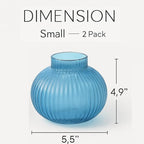 Round Glass Vases, Set of 2 Small Vases for Flowers, Blue Glass Vase for Tulips, Modern Vase for Living Room, Office, Coffee Table, Shelf, Wedding, 5 Inches
