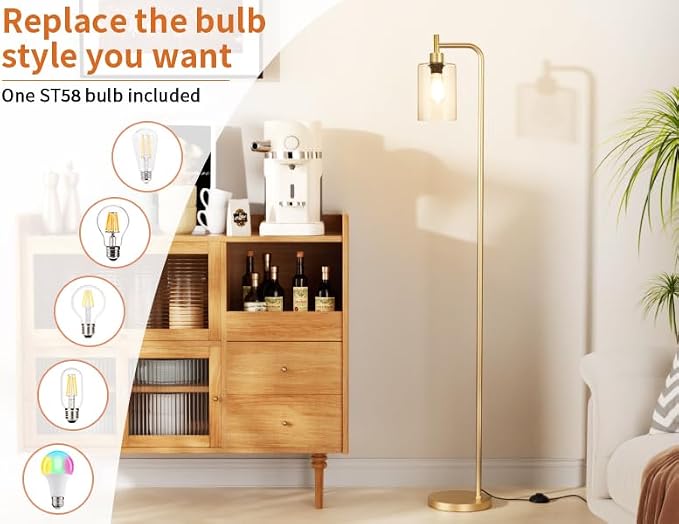 Ziisee Floor Lamps for Living Room - Industrial Standing Lamp with Glass Shade, Modern Gold Floor Lamp with LED Bulbs, Farmhouse Floor Lamp for Bedroom, Tall Lamp for Office - Gold