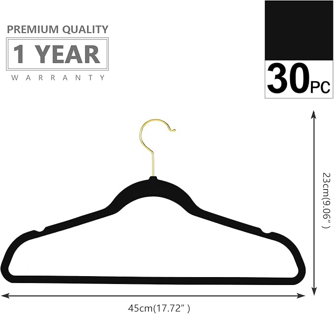 MIZGI Premium Velvet Hangers Pack 30 Pcs Heavyduty - Non Slip Slimline - Velvet Suit Hangers Black - Gold Hooks,Space Saving Clothes Hangers
