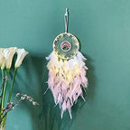 Dreamlike Tree of Life Dream Catcher Wall Decor Pink Dream Catcher with Healing Crystal Stone Handmade Feather Dreamcatchers Home Decor Wall Hanging for Girls Bedroom Living Room Wedding Party-25.6"