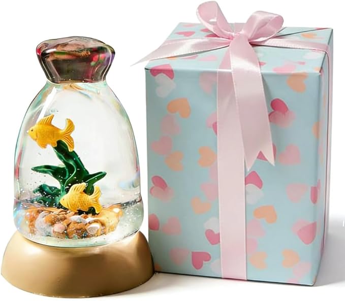 Unique Goldfish Aquarium Snow Globe with Gift Wrapped Box - Decorative Glass Ball with Glitter Water Effect, Ideal for Housewarming & Birthday Gifts, Miniature Tabletop Decor