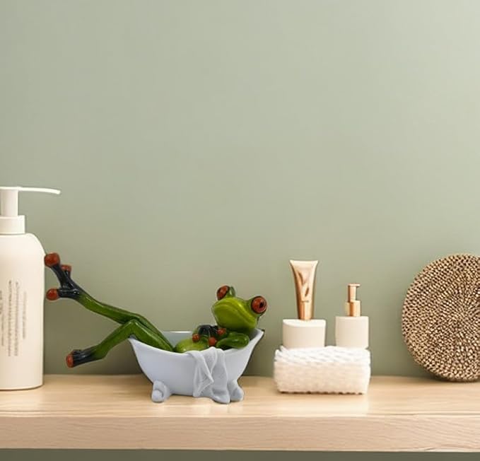 VVGIFTS Frog Figurines Decor Funny Cute Craft Resin Frog Sculpture Statue for Home Office Desk Tabletop Bathroom Decoration, Ornament Gift (Frog Lying in Bathtub)