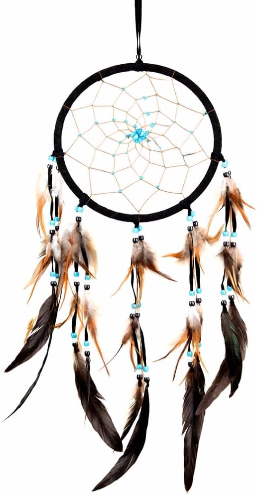 OMA Black Dream Catcher – Large Black Suede Dream Catcher with Turquoise Stones and Feathers, Traditional Dreamcatcher for Bedroom, Living Room, Dorms & Gift, Size - 28” x 9”