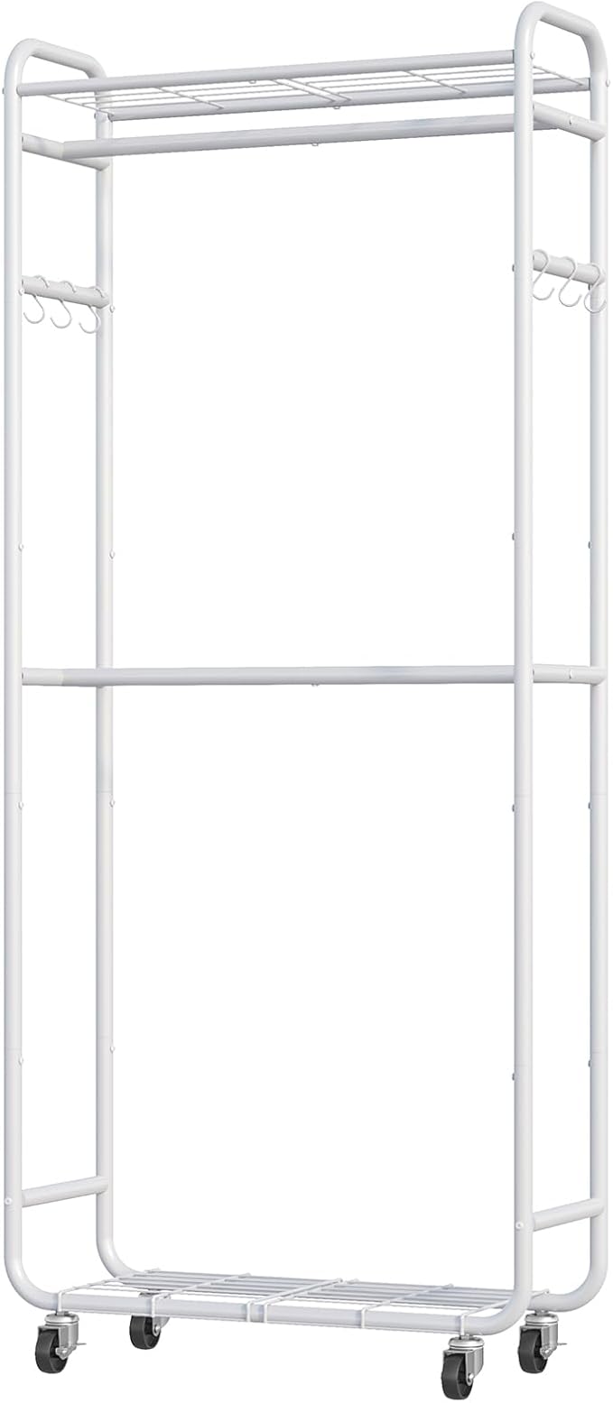 Clothes Rack - Rust-Proof Clothing Rack with Shelves, Hangers, Removable Hooks, Anti-Tip Wardrobe Closet with Lockable Wheels & Wall Anchor for Entryways, Bedroom, 33.0" x 12.6" x 78.7", White
