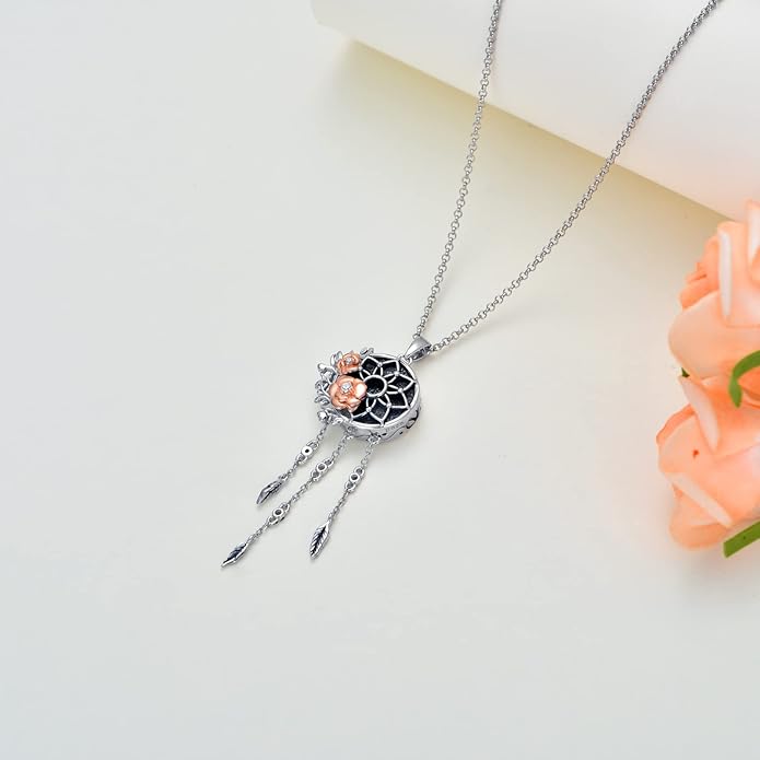 Dream Catcher Pendant Necklace 925 Sterling Silver Synthetic Moonstone Crystal Sunflower Rose Flower Evil Eye Dreamcatcher Cremation Jewelry Gifts for Women Wife Mom