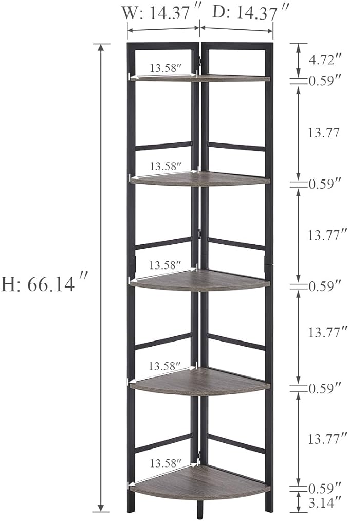 BON AUGURE Rustic Corner Shelf Stand, Tall Industrial Corner Bookshelf, Wood Metal 5 Tier Bookcase Shelves, Display Shelving Unit for Kitchen, Living Room (Dark Grey Oak)
