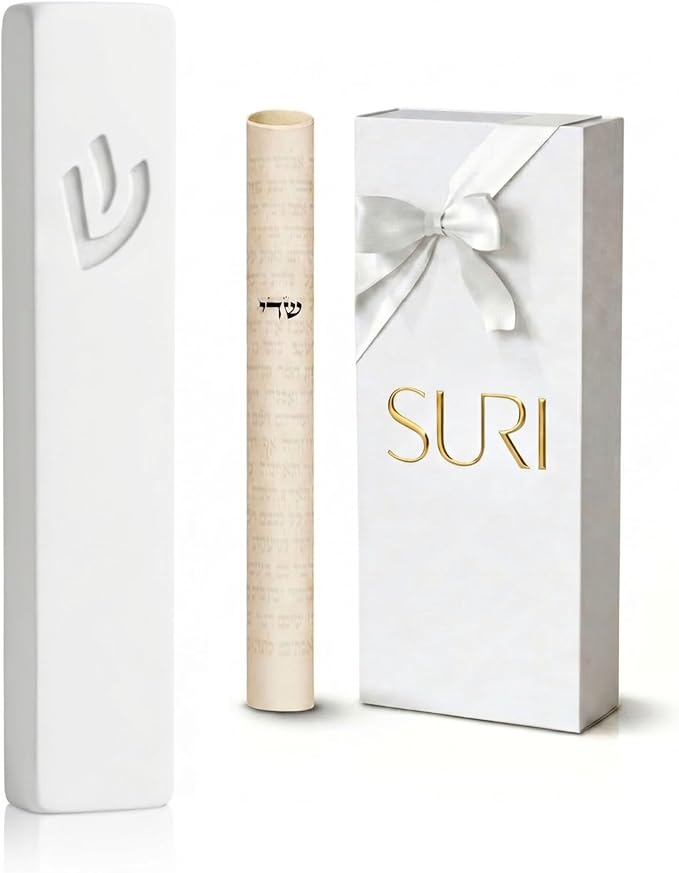 SURI Mezuzah for Door – 6 Inch White Concrete Mezuzah Case with Printed Scroll, Self-Stick Jewish Entry Design, Fits a 5 Inch Scroll, Gift Box Included