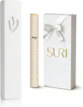 SURI Mezuzah for Door – 6 Inch White Concrete Mezuzah Case with Printed Scroll, Self-Stick Jewish Entry Design, Fits a 5 Inch Scroll, Gift Box Included