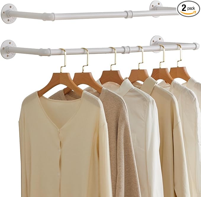 IBUYKE Industrial Pipe Clothes Rack Set of 2, 37 Inch Wall Mounted Clothing Rack, Space-Saving Hanging Closet Rod, Heavy Duty Multi-Purpose Garment Rack for Closet and Laundry Room, White TYJ001W-2