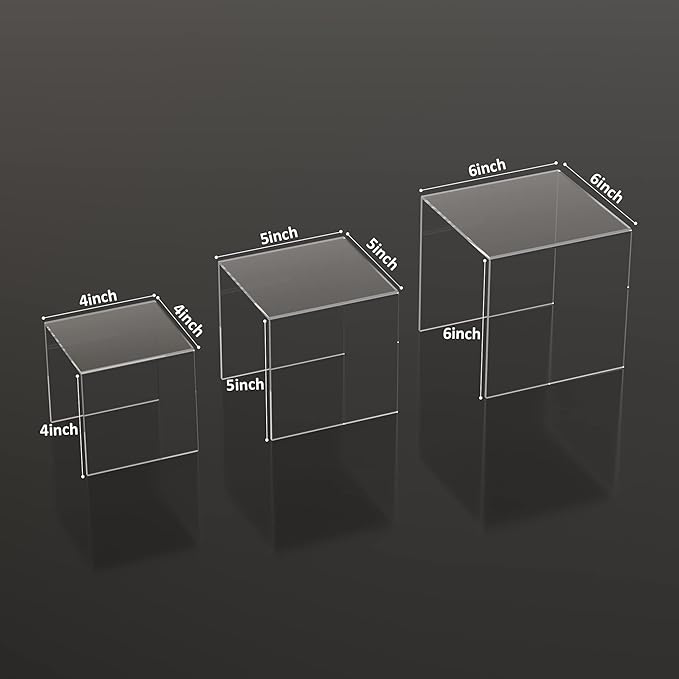 Sezanrpt Square Acrylic Shelf Risers 3pcs, Acrylic Dessert Table Display Set, Clear Acrylic Showcase Collectibles Display Shelf for Funko Pop, Cupcake, Toys, Watches, Table Decorations - 4''x5''x6''