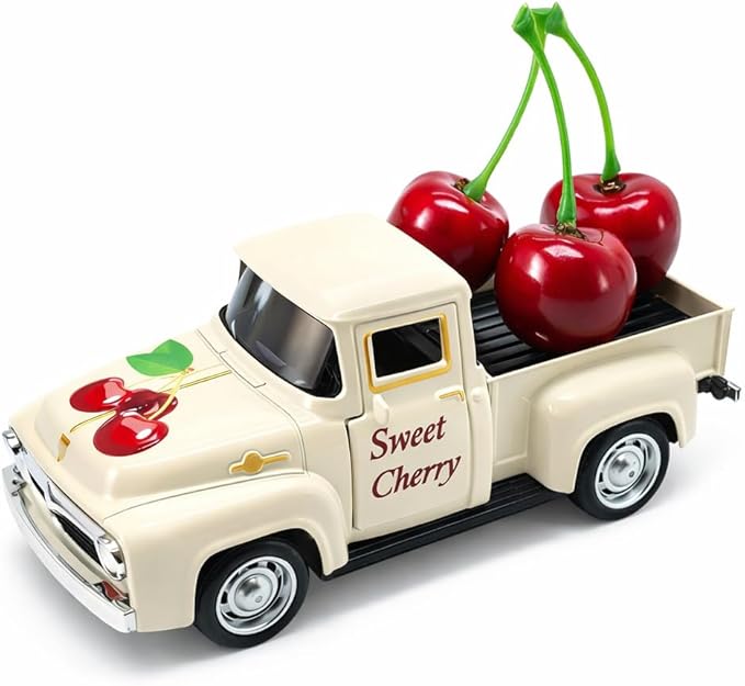 Cherry Truck Decor, Vintage Cream Pickup Truck with Cherry Arrangement, Rustic Farmhouse Summer Tiered Tray Decor, Kitchen Table Centerpiece, Home Office Shelf Decorations