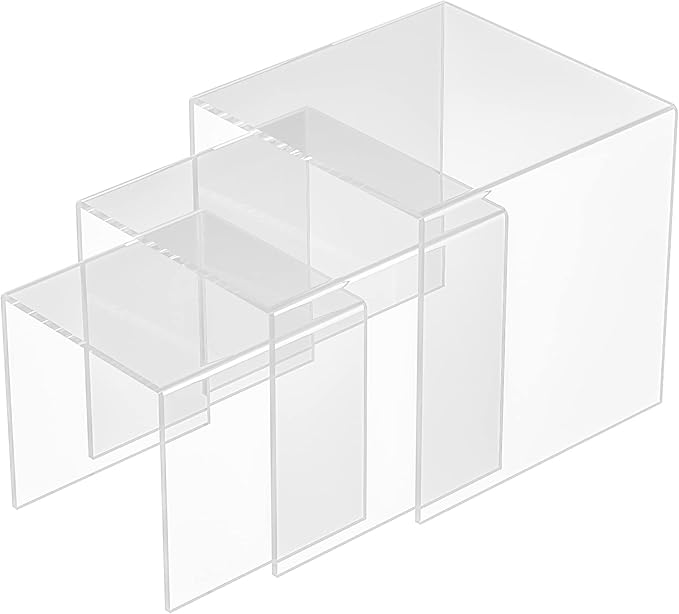 Sezanrpt Clear Acrylic Risers 3 pcs, Square Acrylic Food Display Stands Tabletop, Display Shelf for Vendors, Collectibles, Funko Pop, Food, Glasses, Perfume, Small Plants - 5''x6''x7''
