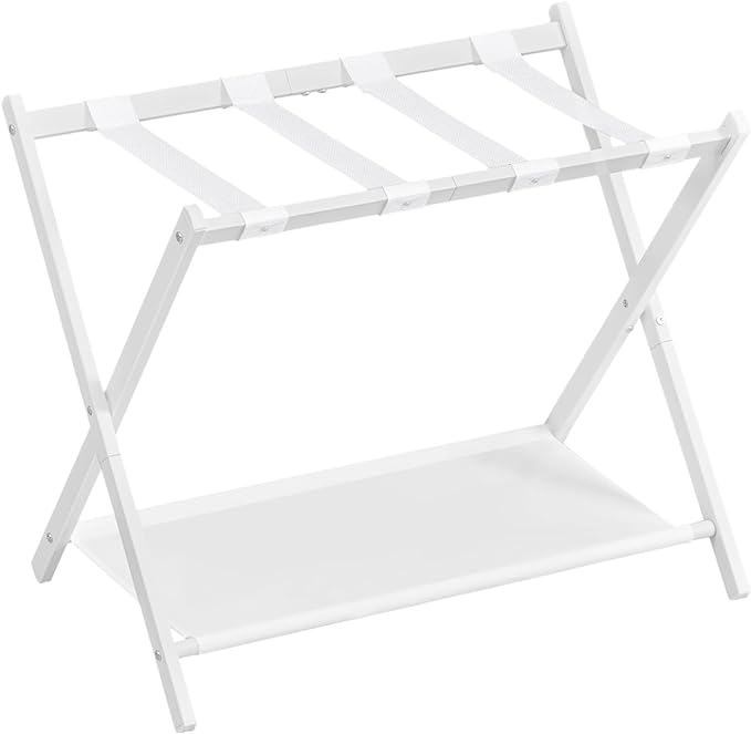 SONGMICS Luggage Rack for Guest Room, Suitcase Stand with Storage Shelf, Steel Frame, Foldable for Easy Storage, Hotel, Bedroom, Cloud White URLR003W01