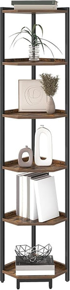Hzuaneri Corner Shelf Stand, Corner Bookshelf, Storage Standing Shelf Unit with Metal Frame, Plant Stand, Bookcase for Living Room, Home Office, Bedroom, 6-Tier Rustic Brown CS06001B