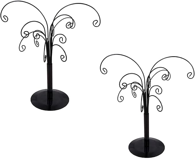 10.6 inch Ornament Tree Display Stand Rotating Decor, Decorative Black Metal Tabletop Display Stand Features Multiple Hooks, Display Rack for Ornaments Glass Globes Balls and Small Craft Items (2PCS)