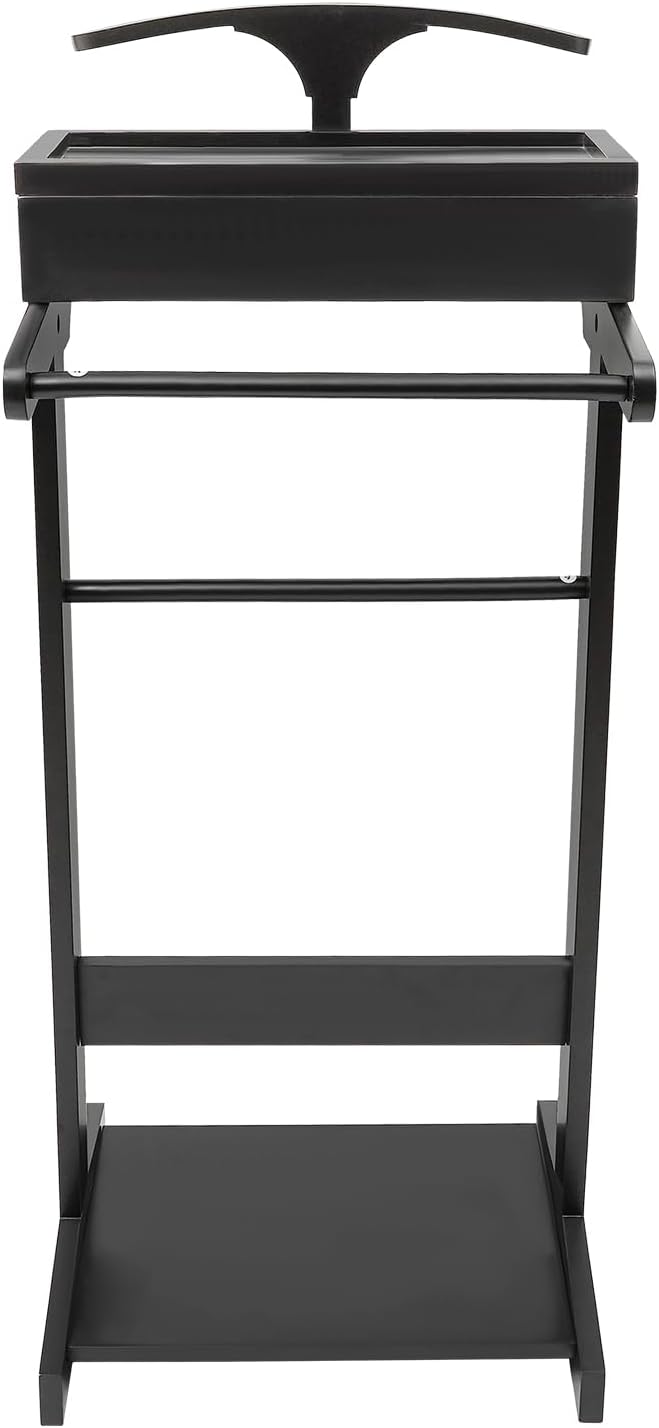 22.05 Lbs Capacity Wood Valet Stand, Clothes Valet Rack with Drawer Top Tray, Freestanding Clothing Stand with Contour Hanger Trouser Bar Tie & Belt Hooks and Shoe Rack, White