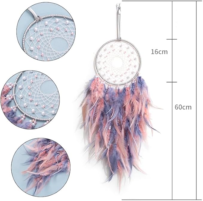 Dream Catcher Wall Decor, Handmade Dreamcathers Indians Traditional Circular Net for Wall Hanging Decor, Bedroom Kids, Home Decoration Wedding Party Blessing Gift, Pink Grey