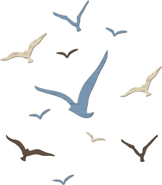 Wesiti 11 Pcs Wooden Seagull Wall Decor Nautical Theme Beach Coastal Art Small Seagull Sea Birds Wall Decor Ocean Adhesive Sculpture Vintage Ornaments for Home Bathroom(Dusty Blue)