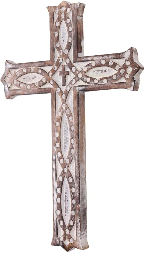 S.B.ARTS Christian Wooden Wall Cross Handmade Antique Design Hanging Wall Crucifix with Hand Carvings Hanging Cross for Wall Decor Church Hanging Ornament, Living Room Home Decor Small 8 Inches- White